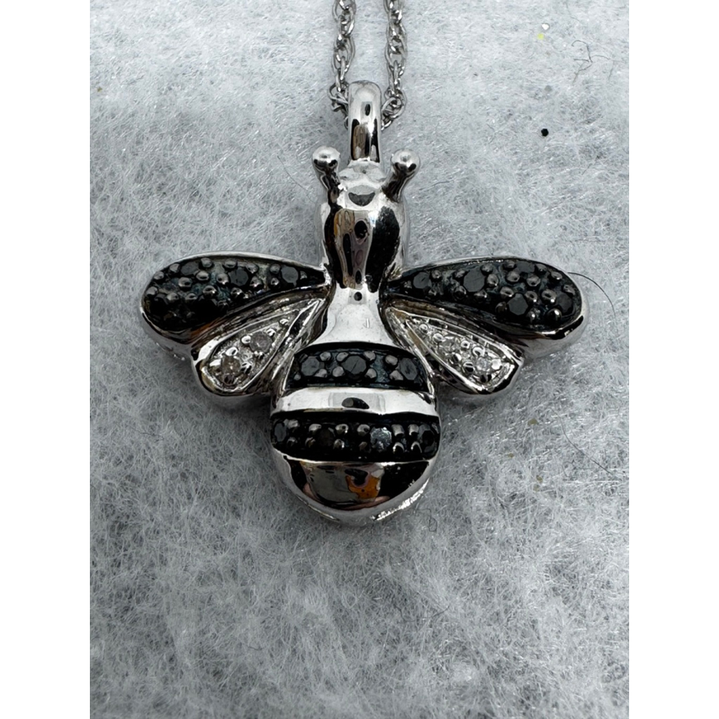 Diamond Bee Necklace In Sterling Silver With Black Diamonds